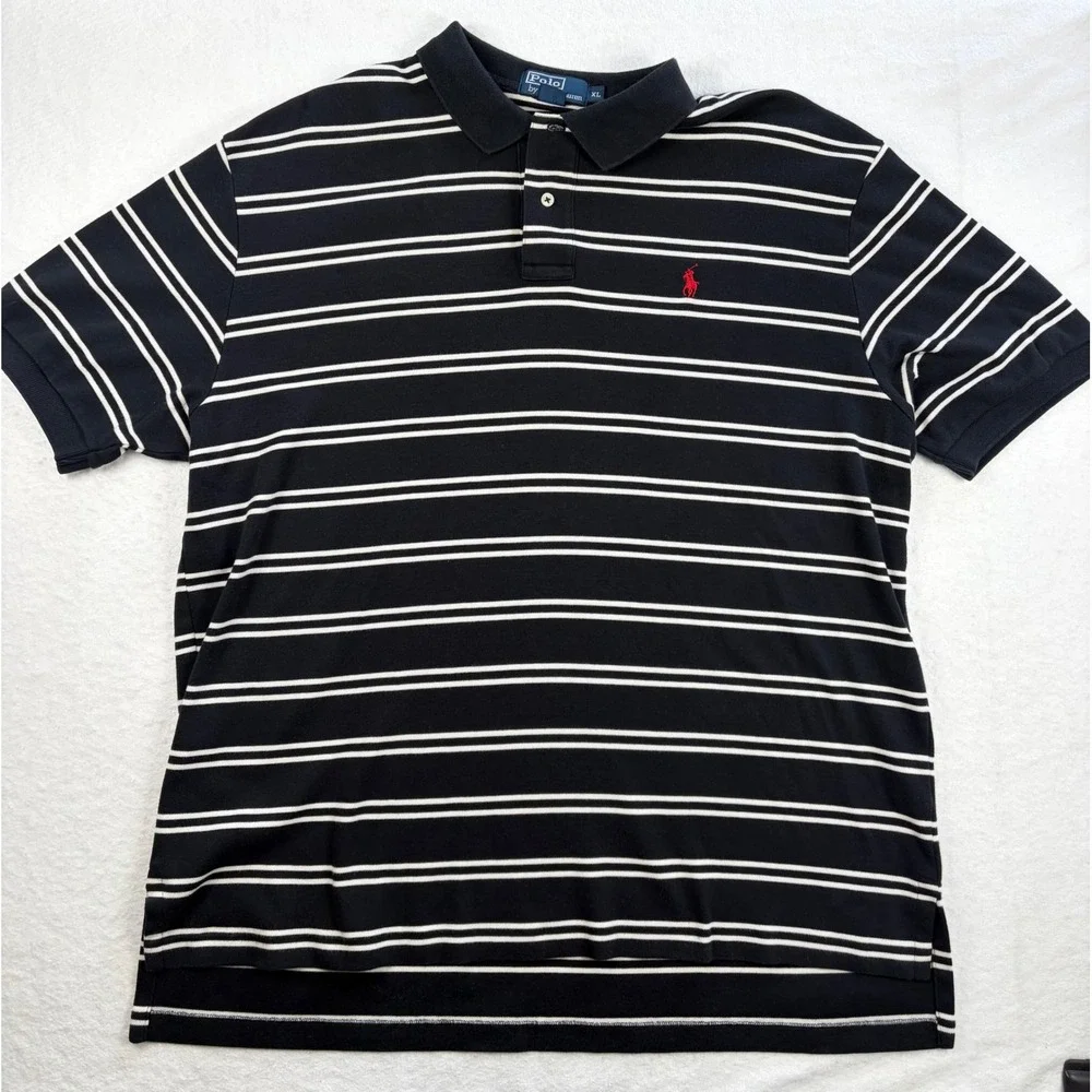 Polo Ralph Lauren Mens XL Navy Blue White Striped Short Sleeve Polo Shirt Cotton